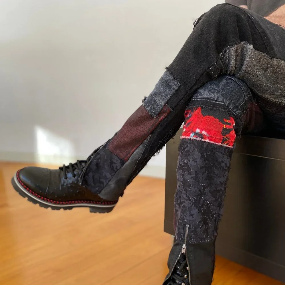 Acid Washed Black & Grey jeans with Metallic silver and CRIMSON Rose Tie Dye - Picture 17 of 17